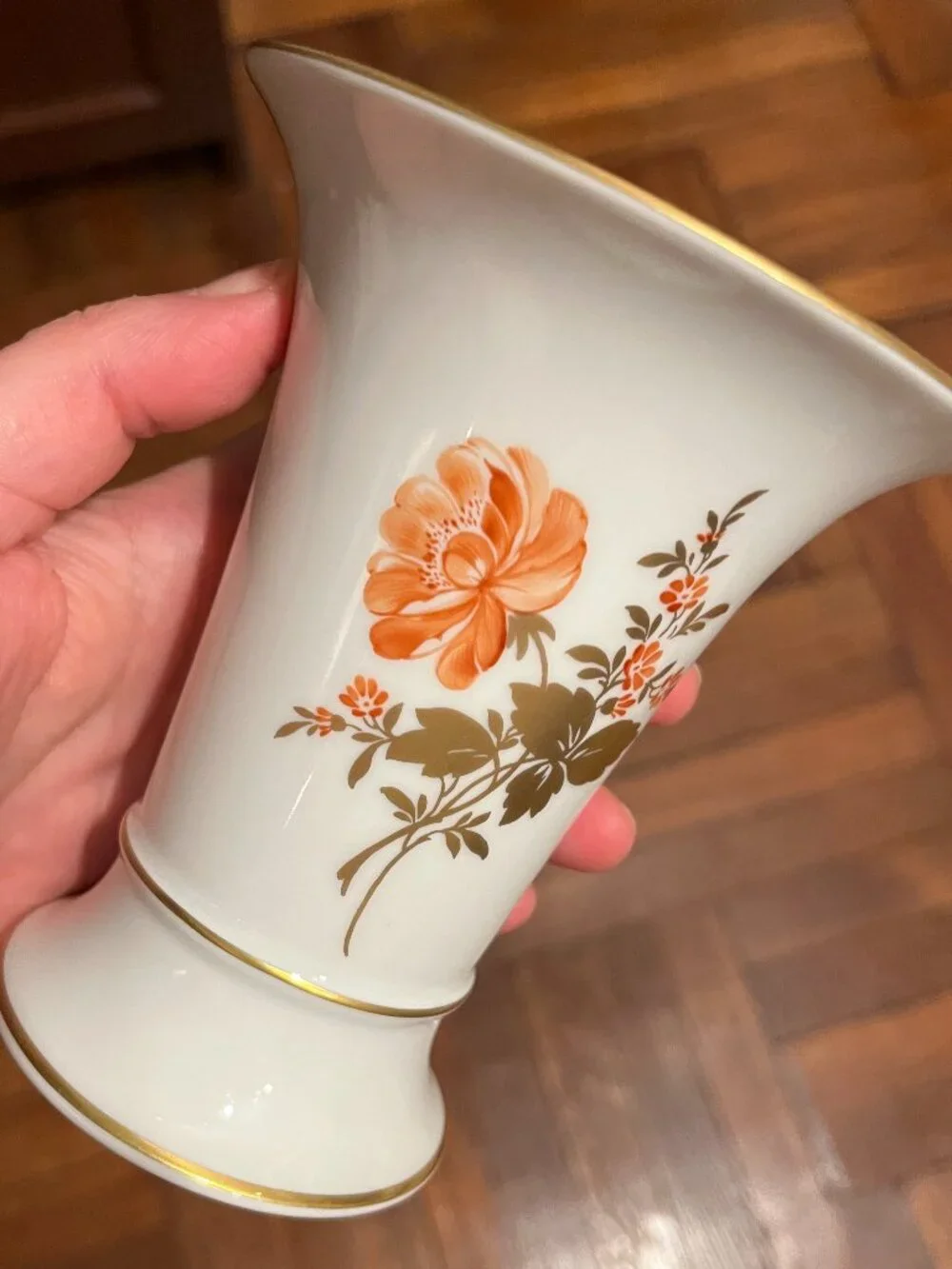 Höchst Germany Porcelain Orange Floral Gold Vase